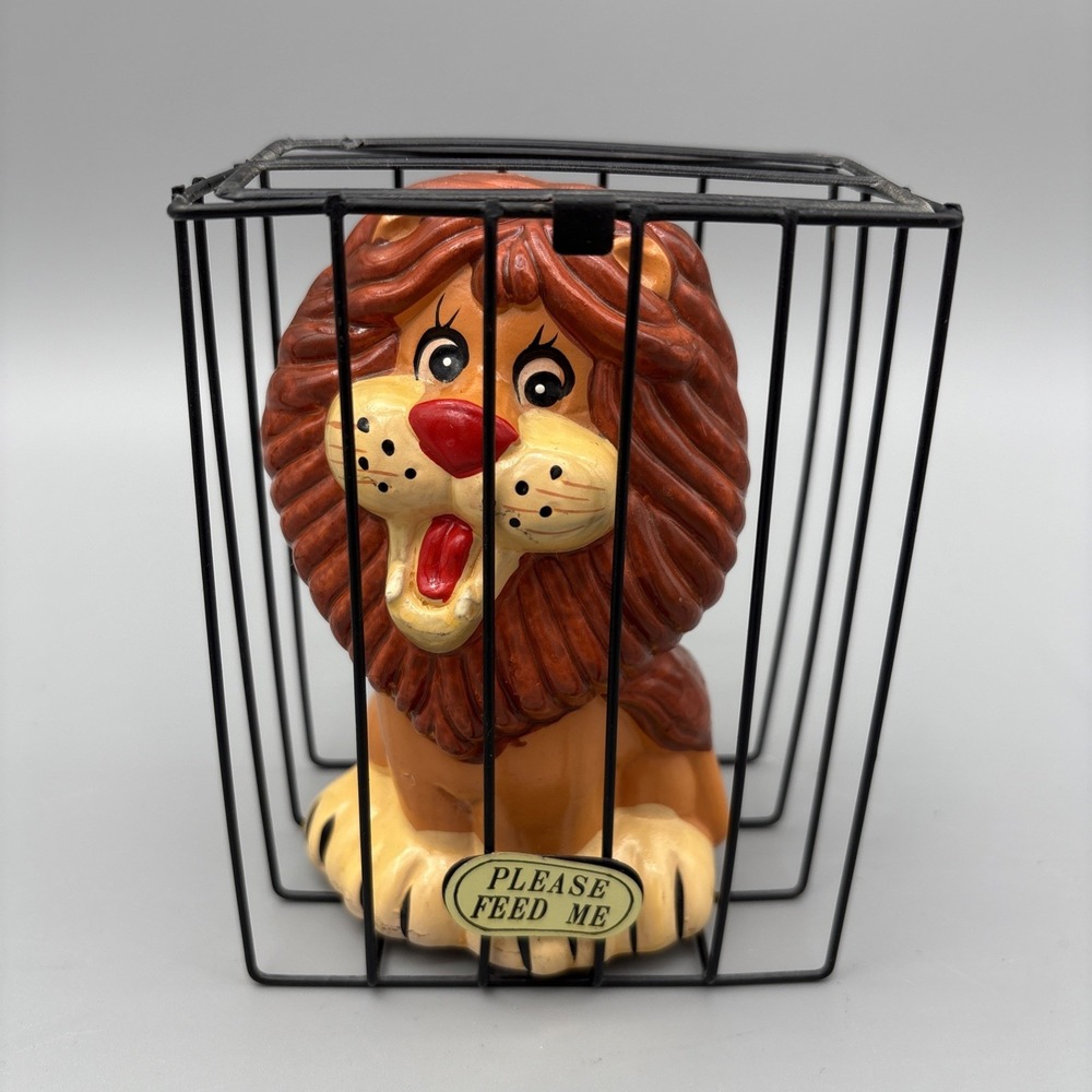 Vintage Coin Bank, Lion In A Cage "Please Feed Me" Ceramic Bank, 5" 80's  Taiwan